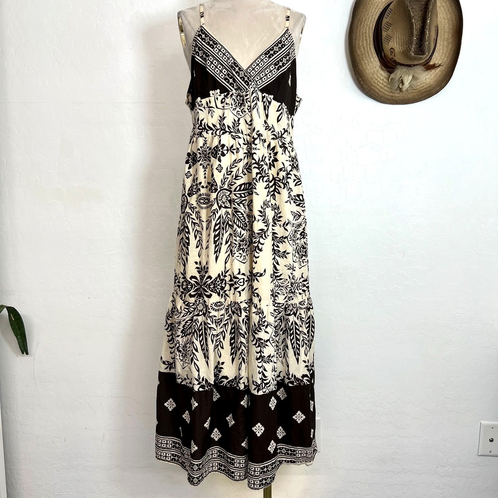 Grand Control NY Boho Cotton Maxi Sun Dress L Brown Cream Floral Tiered Smocked